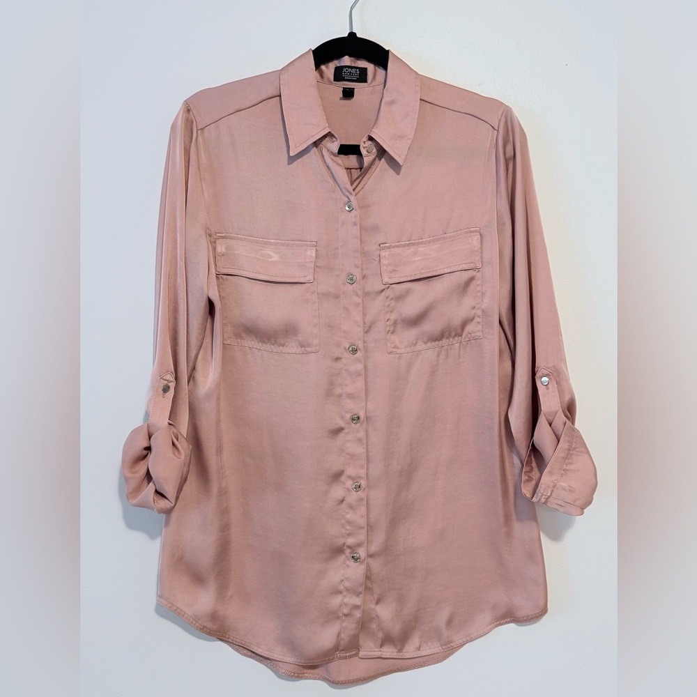 Jones New York Satin-Feel Blush Button-Down Shirt with Tie-Up Sleeves